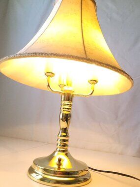 3-Light Candelabra Solid Brass Table Lamp with Floral Bell Shade - Circa 1970s